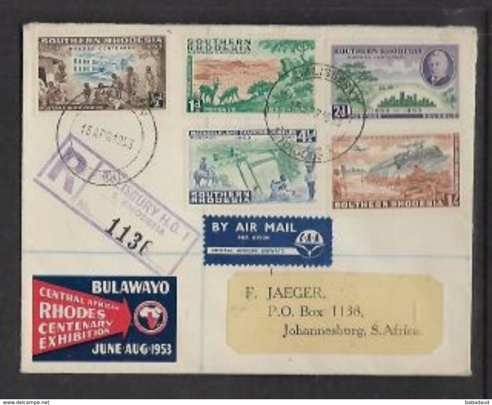 S.Rhodesia, Central African Rhodes Centenary Exhibition Label On  FDC, SALISBURY 15 APR 1953 C.d.s. , Registered - Rhodésie Du Sud (...-1964)