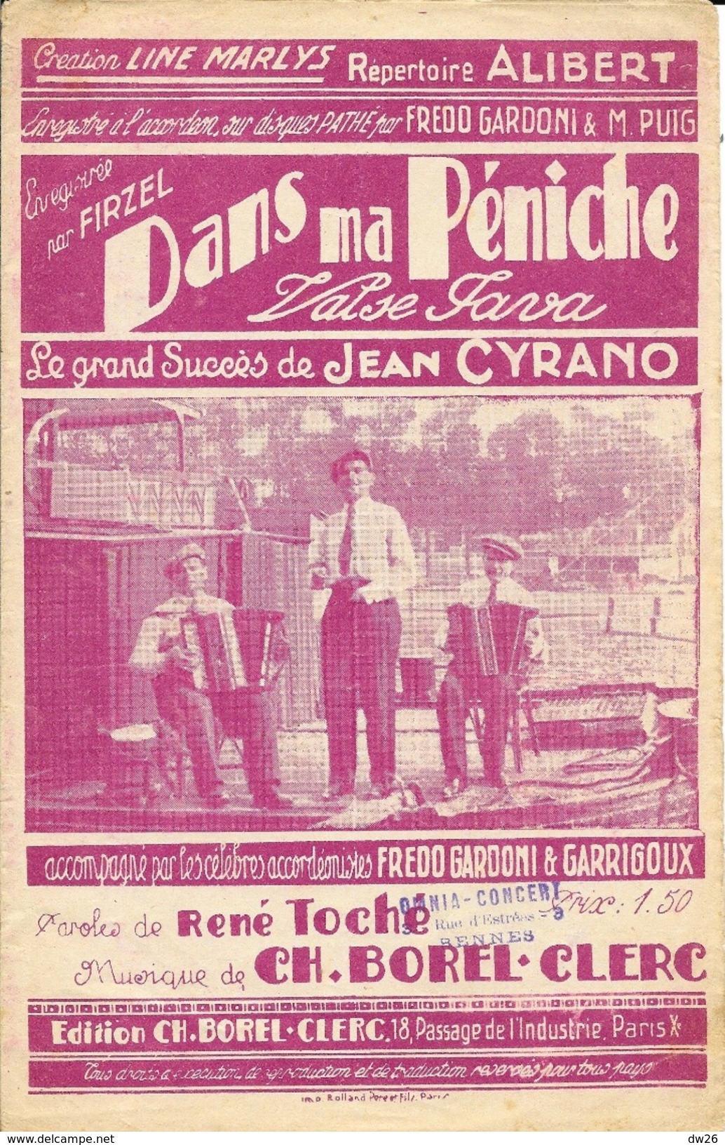 Partition: Dans Ma Péniche (Valse Java), Grand Succès De Jean Cyrano - Paroles De René Toche - Musique Ch. Borel-Clerc - Partitions Musicales Anciennes