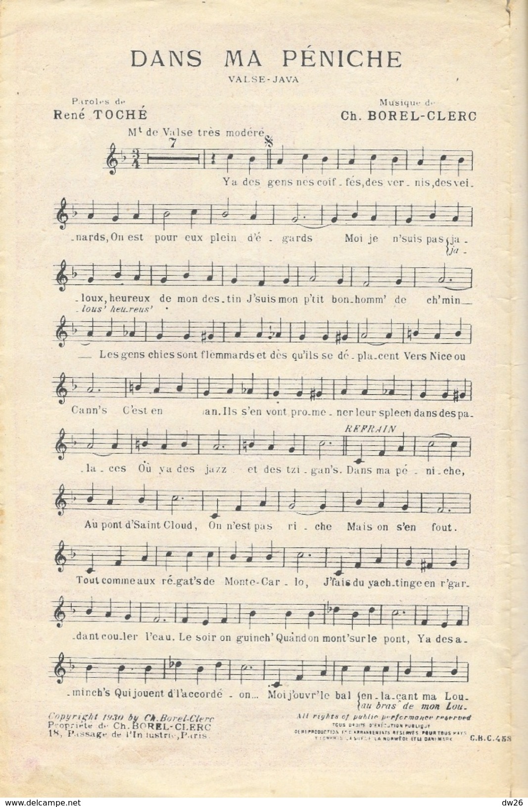 Partition: Dans Ma Péniche (Valse Java), Grand Succès De Jean Cyrano - Paroles De René Toche - Musique Ch. Borel-Clerc - Partitions Musicales Anciennes