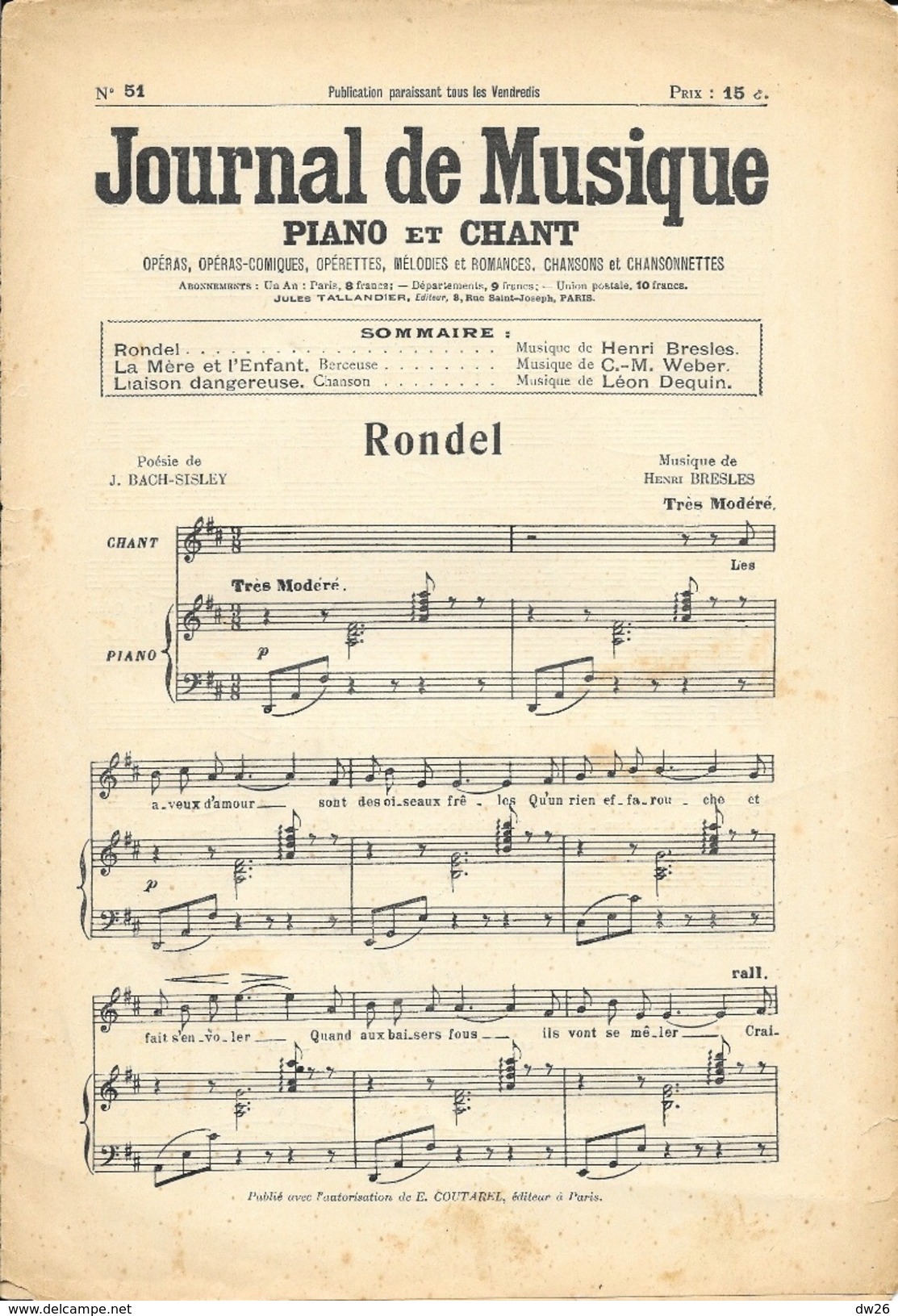 Journal De Musique N° 51 (Piano Et Chant) Avec Partitions: Rondel, La Mère Et L'Enfant (Berceuse), Liaison Dangereuse - Other & Unclassified