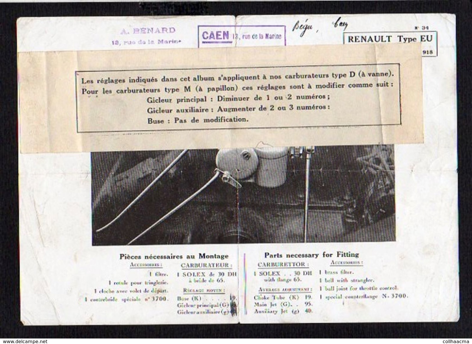 Publicité1920 Env / Fiche Carburateur Solex Pour Renault Type EU 1916/1918 Chez A. Renard Rue De La Marine à Caen 14 - Advertising