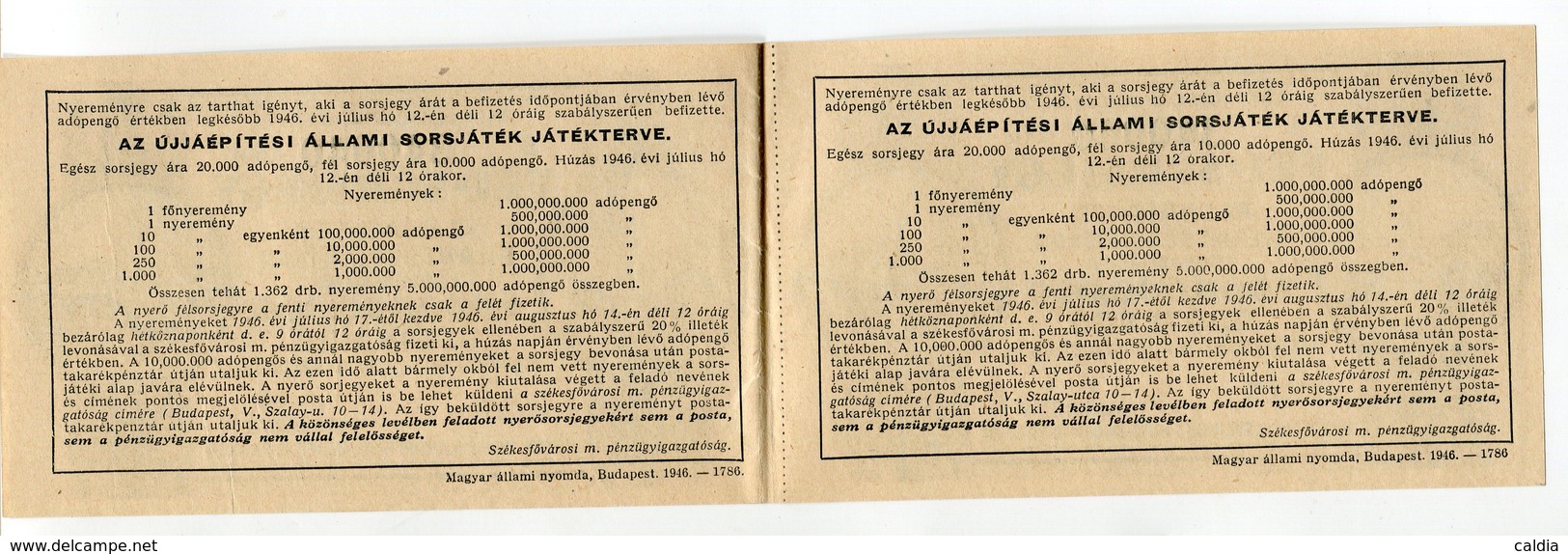 Hongrie Hungary Ungarn 1.000.000.000 AdoPengo 1946 "" FEL = SORSJEGY "" Lottery Ticket AUNC Uncut - Hungary