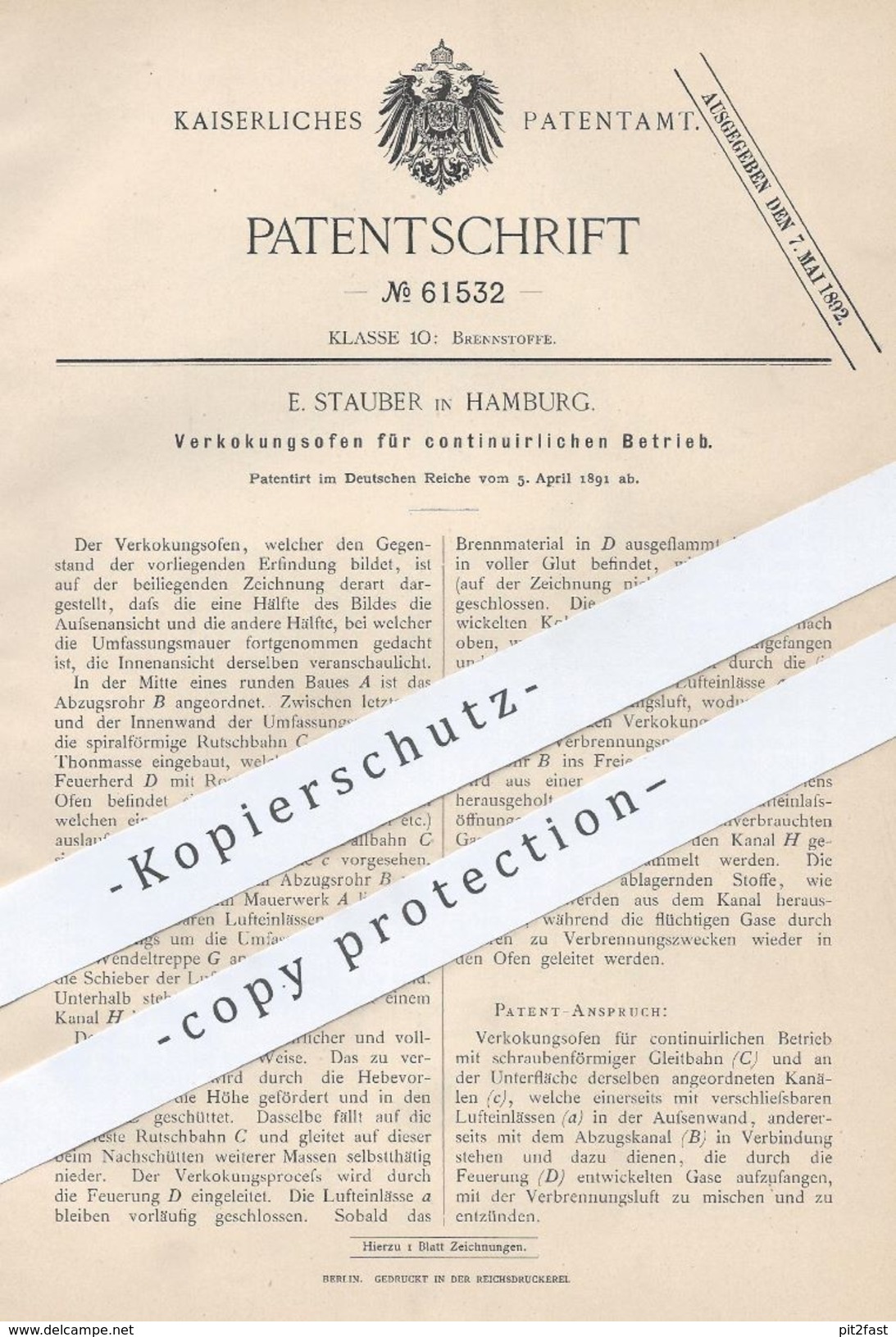 Original Patent - E. Stauber , Hamburg , 1891 , Verkokungsofen | Koks , Kohle , Ofen , Öfen , Ofenbauer , Brennstoffe - Historical Documents