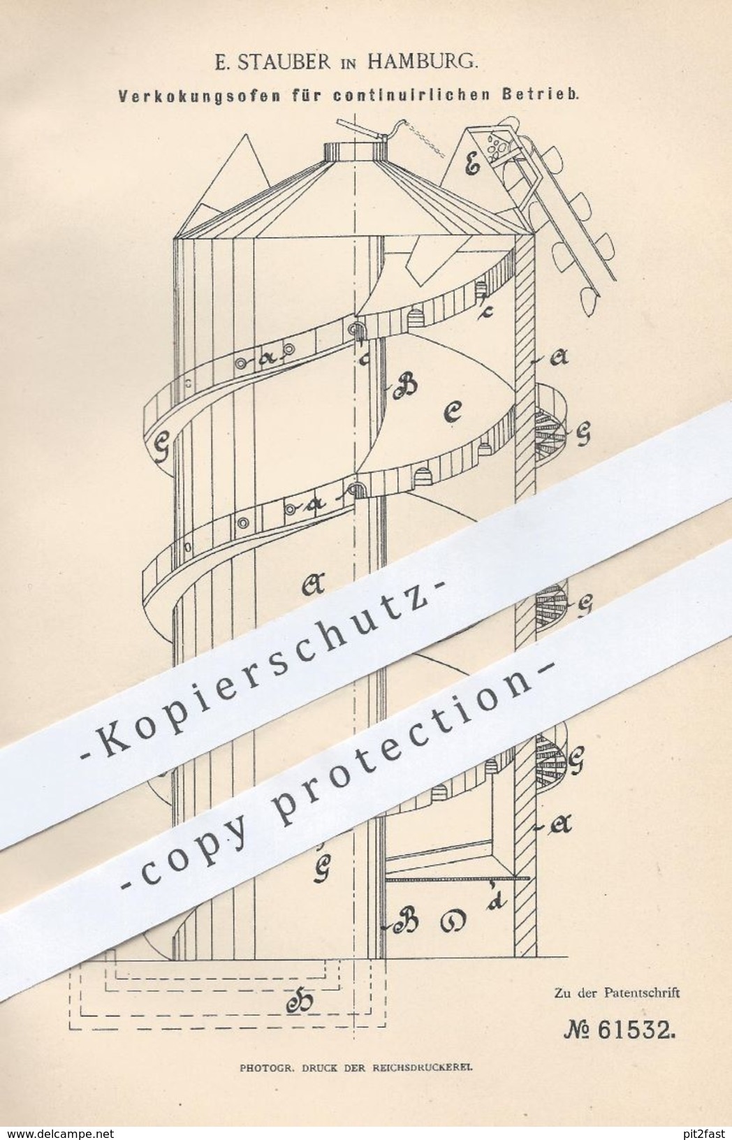 Original Patent - E. Stauber , Hamburg , 1891 , Verkokungsofen | Koks , Kohle , Ofen , Öfen , Ofenbauer , Brennstoffe - Historical Documents