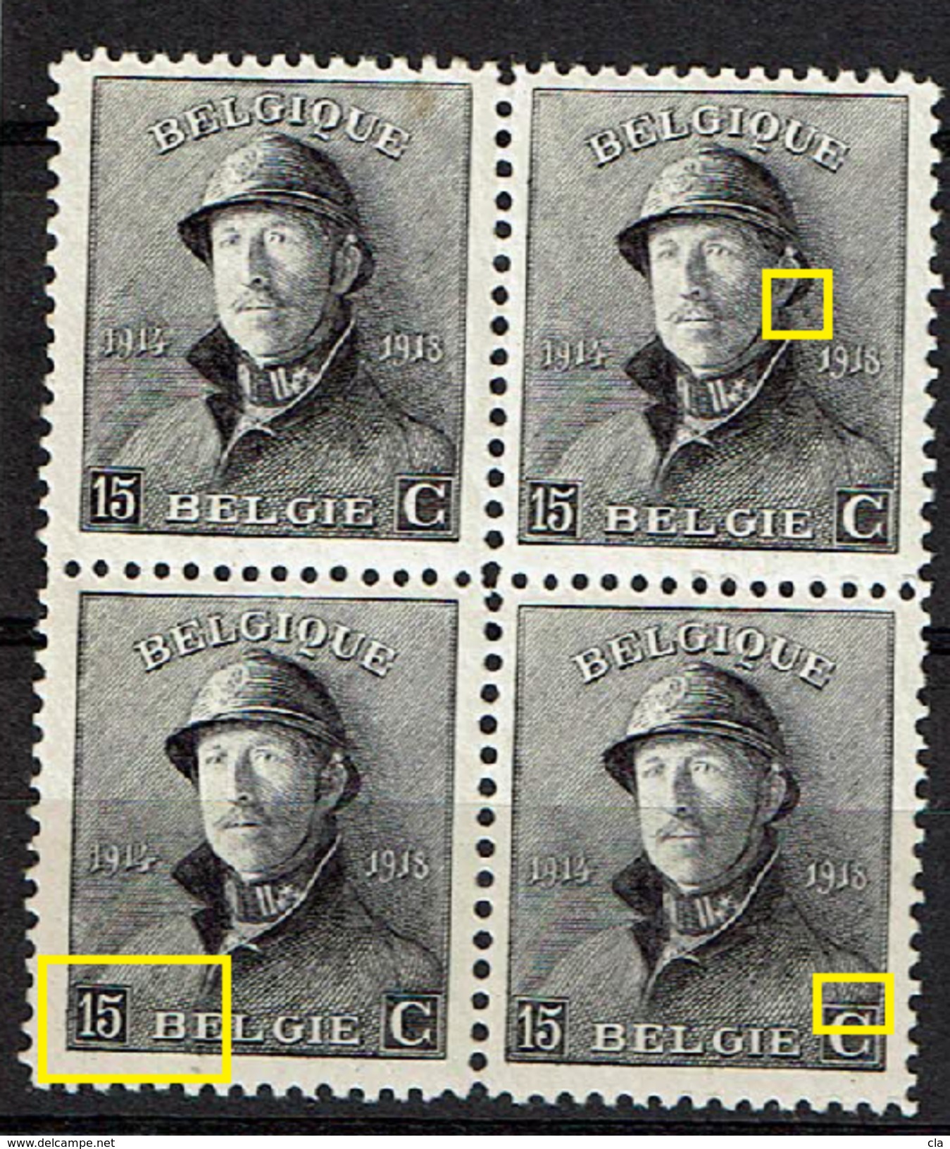 169 Bloc 4  **  T2 Point Oreille, T3 Tache Coin, T4 Cartouche Brisé - 1919-1920 Roi Casqué