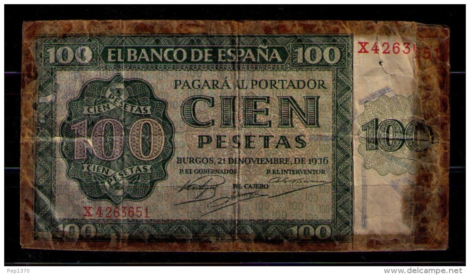 BILLETE DE 100 PESETAS DE 1936 - DETERIORADO - 100 Pesetas