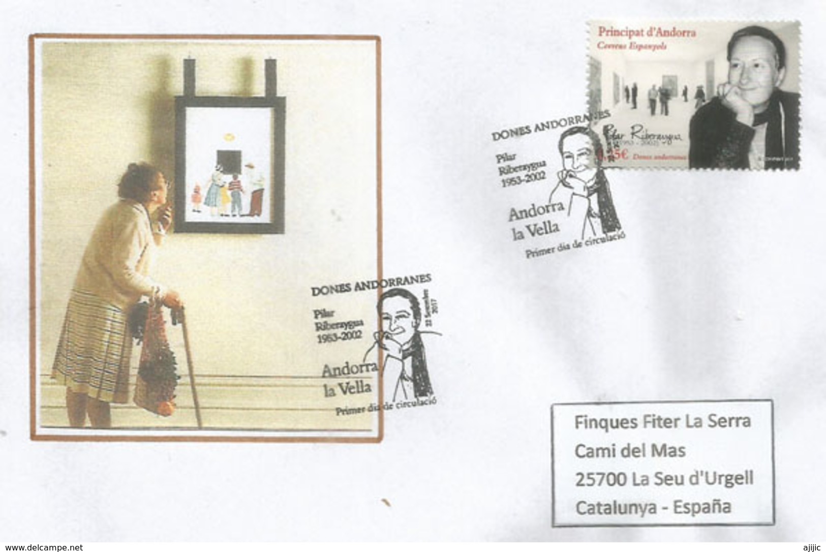 GALERÍA DE ARTE PILAR RIBERAYGUA.ANDORRA . Lettre FDC 2017 Adressée En Catalogne,timbre Haute Faciale - Cartas & Documentos