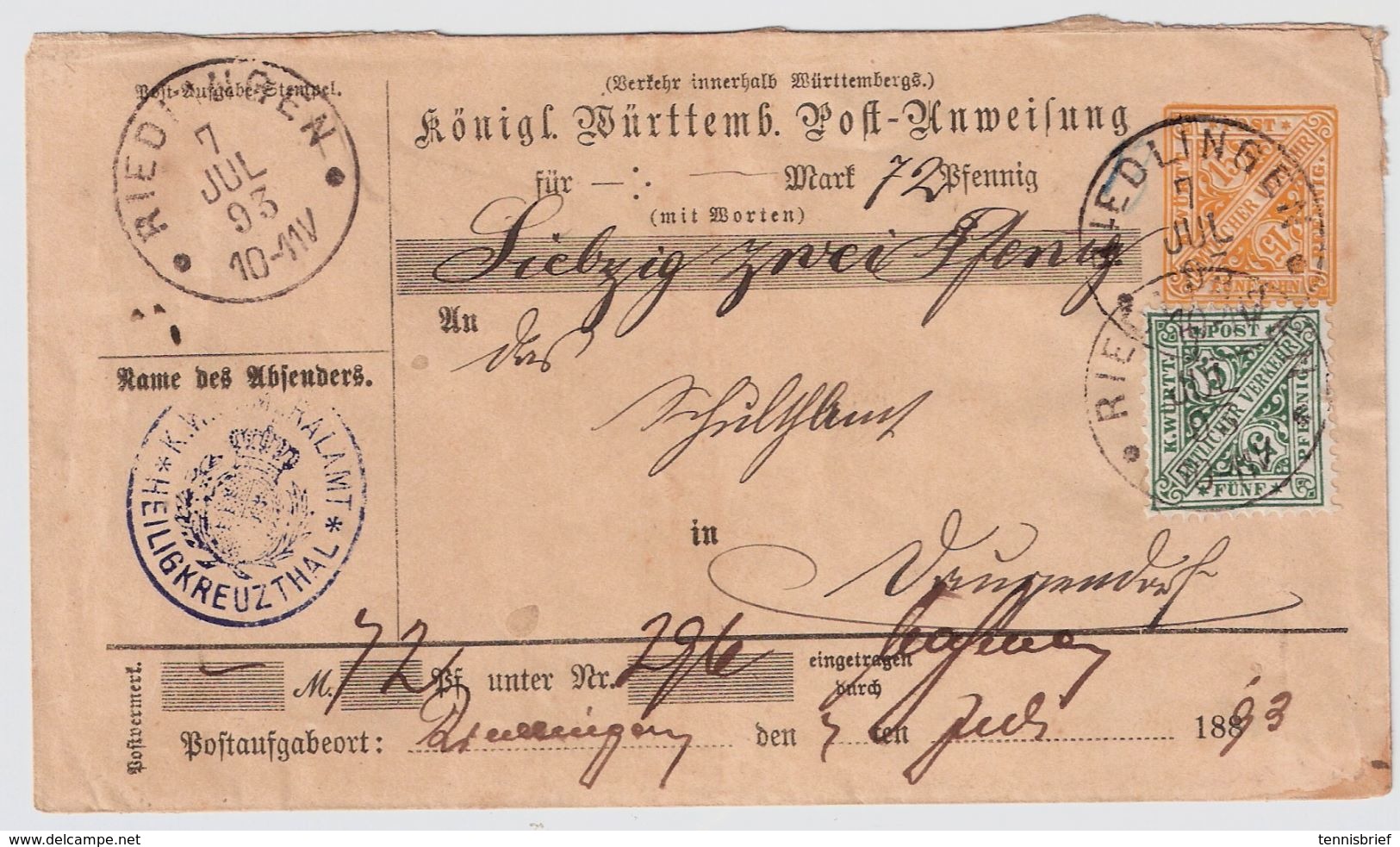 Württ. Postanweisung Mit Zusatzfrankatur, 1893 , #8496 - Other & Unclassified