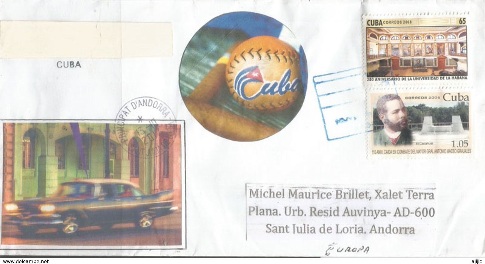 Belle Lettre De Cienfuegos (Cuba) Balle De Baseball & Old American Car, Adressée ANDORRA,avec Timbre à Date Arrivée - Covers & Documents