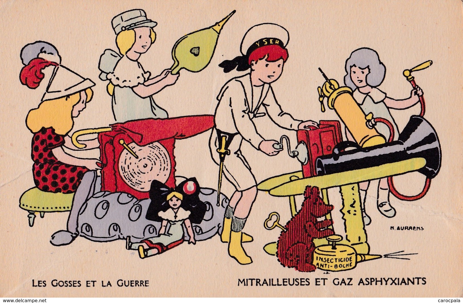 Carte 1915 Signée Aurrens : Les Gosses Et La Guerre : Mitrailleuses Et Gaz Asphyxiants :  Jeux , Jouets - Aurrens