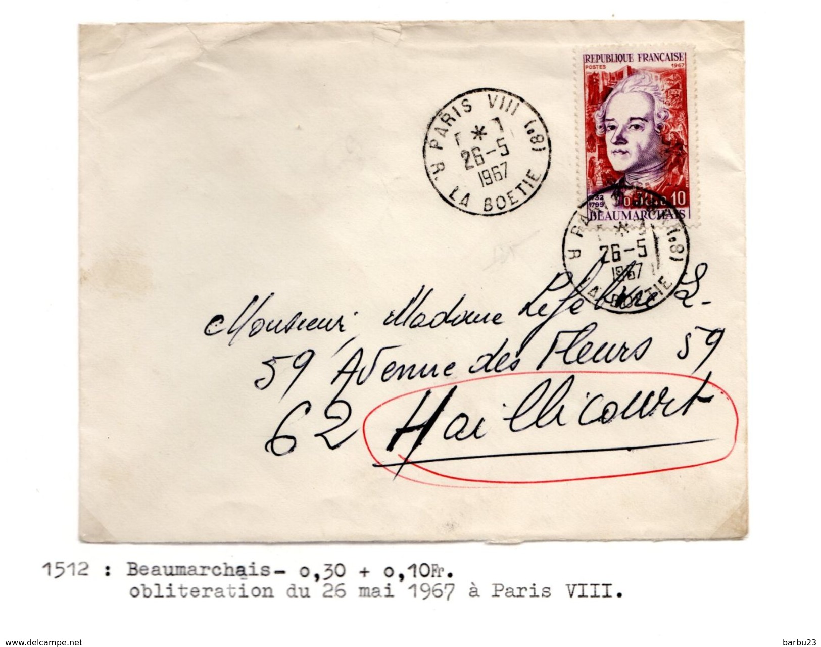 YT1512 Beaumarchais Seul Sur Lettre 1967 - Storia Postale