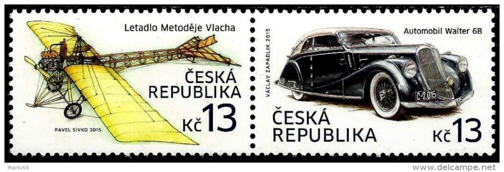 Czech Republic - 2015 - Historical Vehicles - Metodej Vlach Airplane And Walter Regent Car - Mint Stamp Set - Neufs