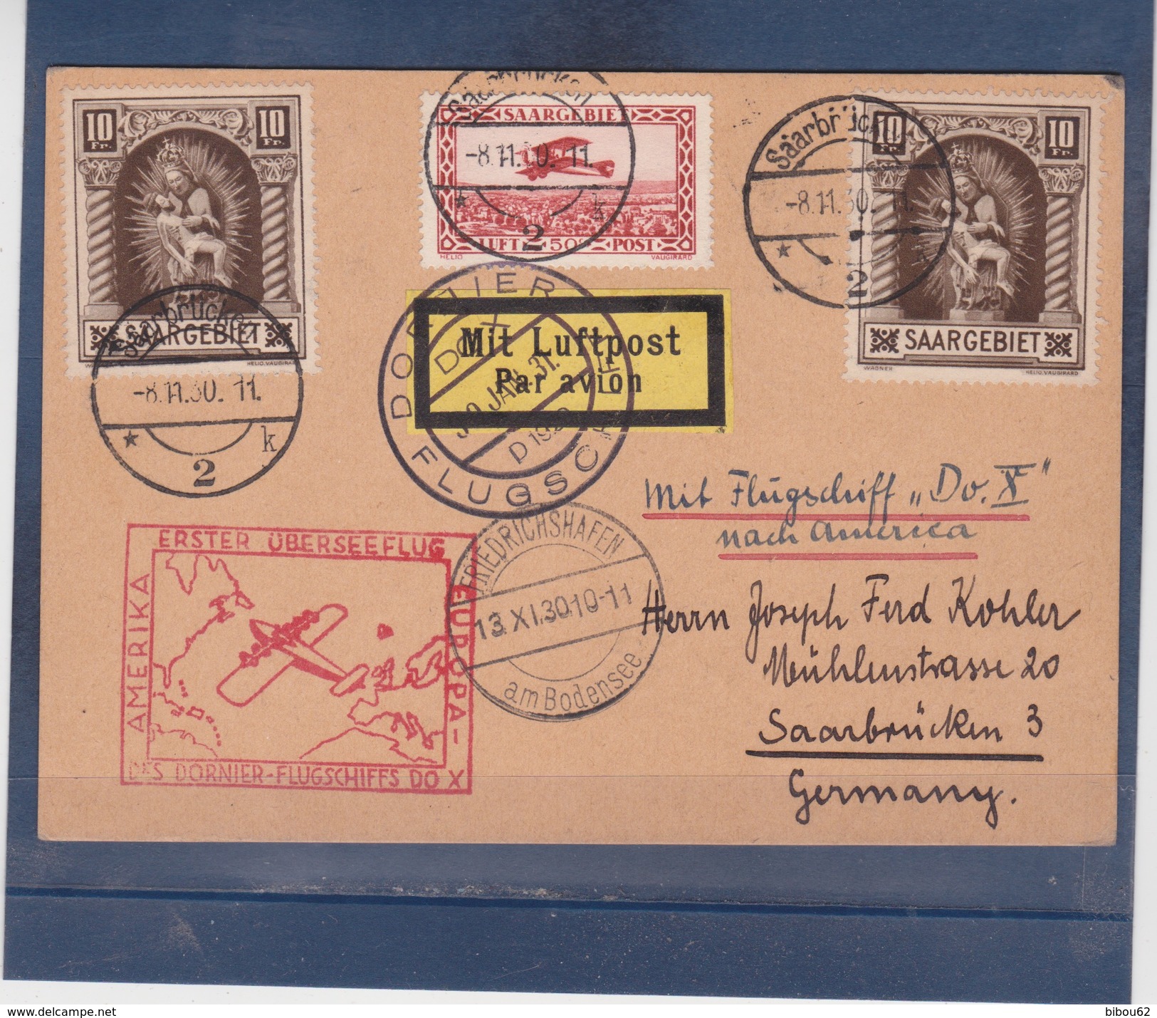 CARTE D'UN PREMIER VOL - EUROPE - AMERIQUE Du SUD  - TIMBRES SAARGEBIET -  SAAR - MIT LUFTPOST - PAR AVION  1930 - Avions