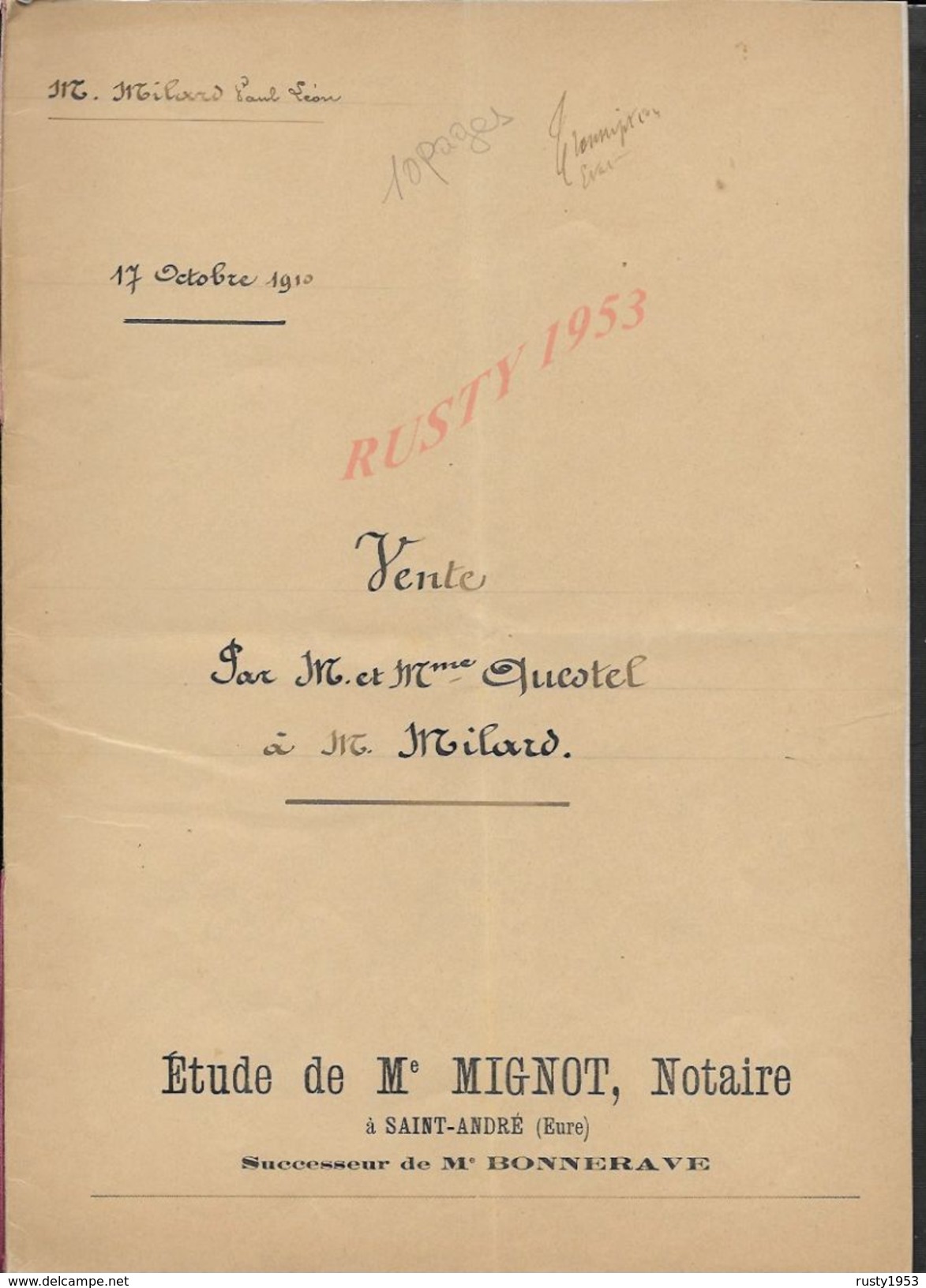 GROSSOEUVRE 1910 ACTE DE VENTE DE TERRE QUESTEL À MILARD 10 PAGES : - Manuscripts
