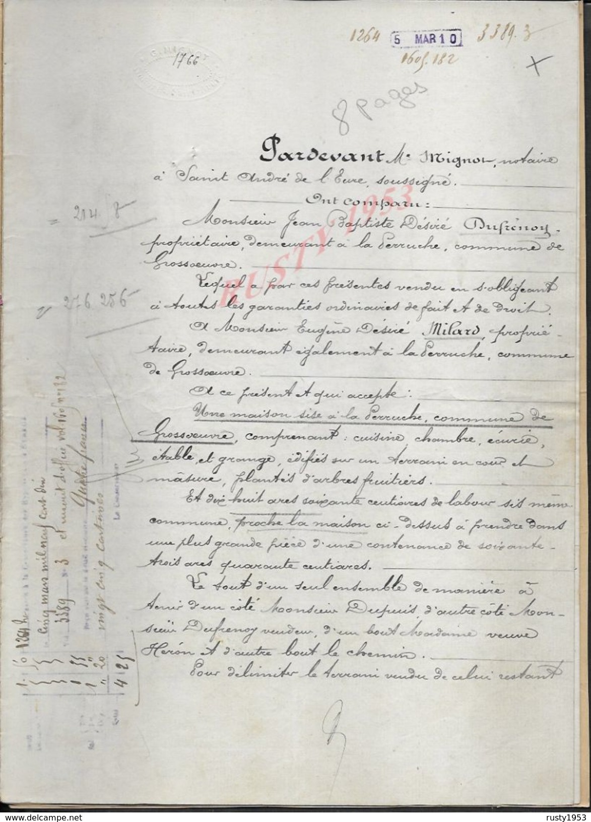 GROSSOEUVRE 1910 ACTE DE VENTE D UNE MAISON DUFRENOY À MILARD 8 PAGES : - Manuscripts