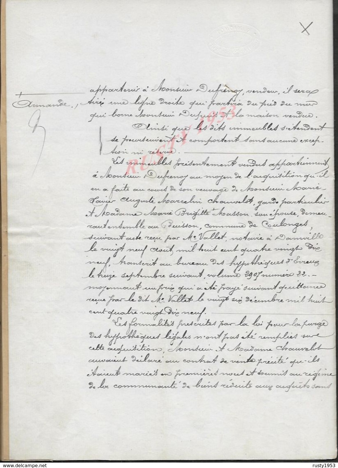 GROSSOEUVRE 1910 ACTE DE VENTE D UNE MAISON DUFRENOY À MILARD 8 PAGES : - Manuscripts