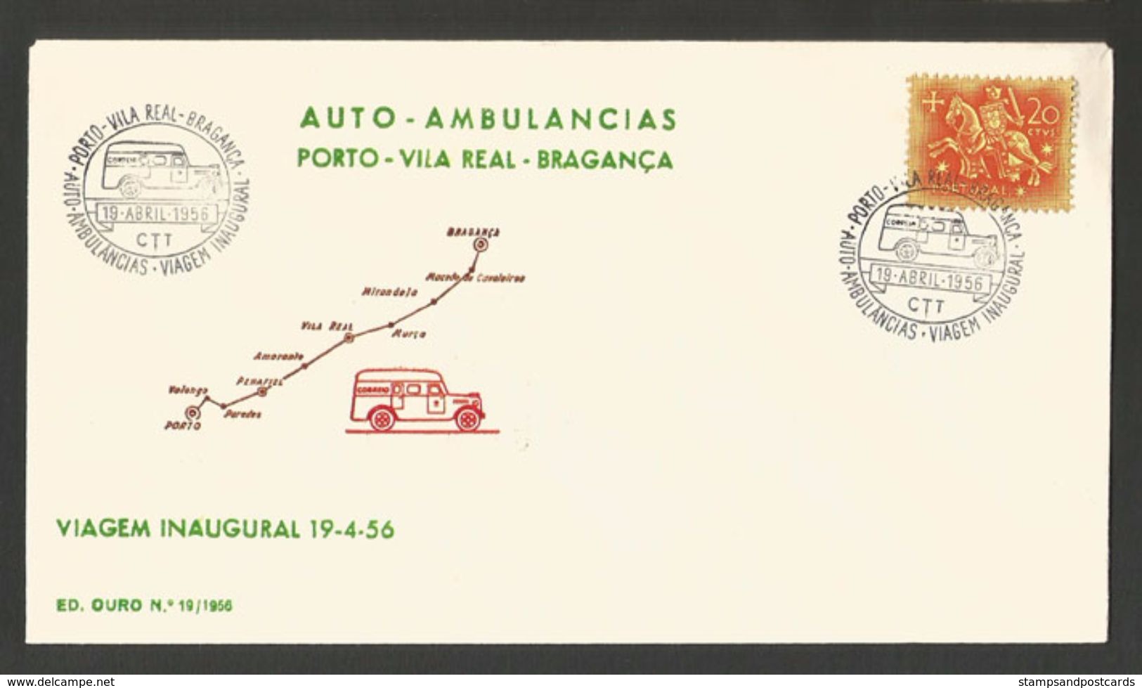 Portugal Cachet 1956 Inauguration Ambulance Postal Ambulância Porto Vila Real Bragança Event Postmark Inauguration TPO - Flammes & Oblitérations