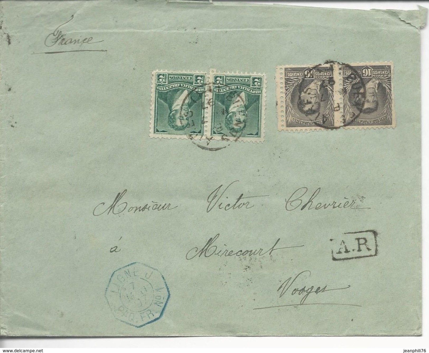 Lettre Recommandée De Buenos Aires>> Mirecourt 1897 Timbres 96x2, 101x2 Ligne U Paq.fr.N°1 - Lettres & Documents