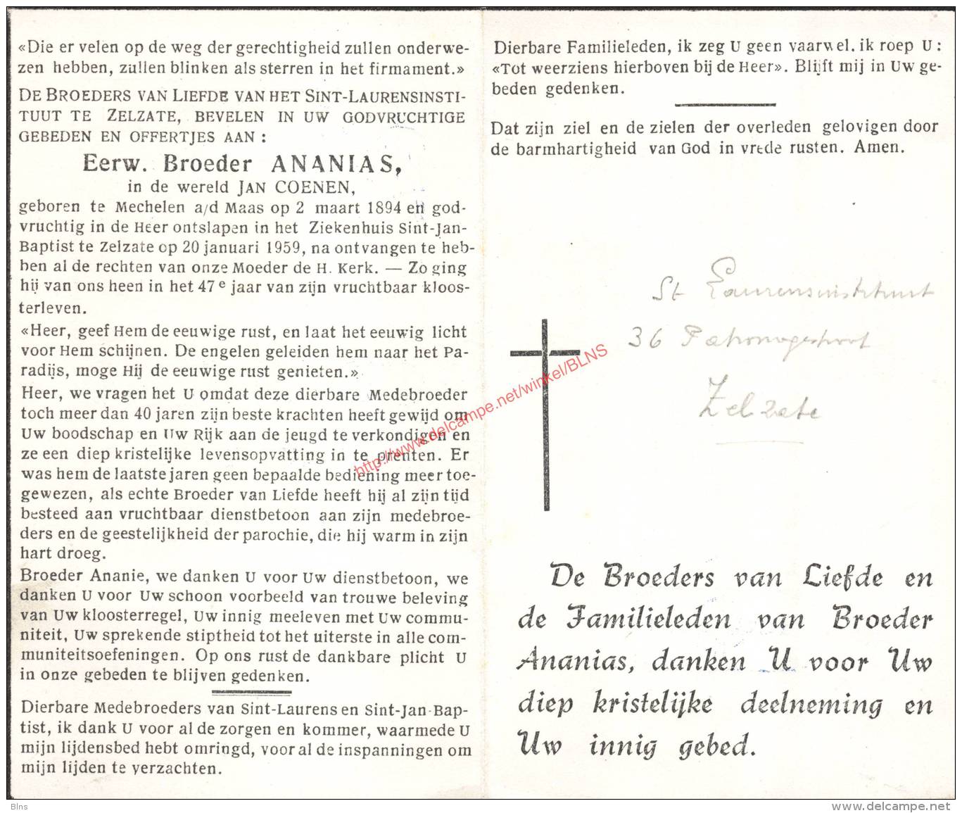 Broeder Ananias (1894 - 1959) Bidprentje - Images Religieuses