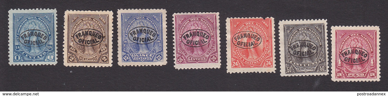 El Salvador, Scott #O1-O2, O7-O9, O11-O12, Mint Hinged/No Gum, Peace Overprinted, Issued 1896 - El Salvador