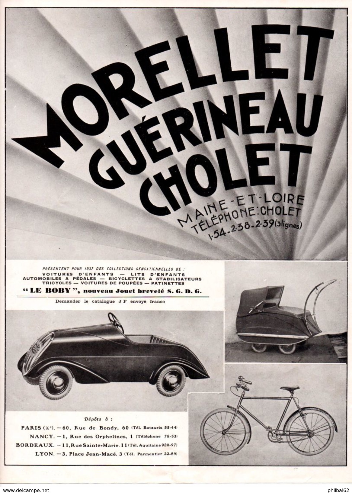 Publicité 1937, Morellet Guérineau, Maine Et Loire. Jouets. Autos à Pédales, Voitures D'enfants Et Poupées, Patinettes. - Publicités