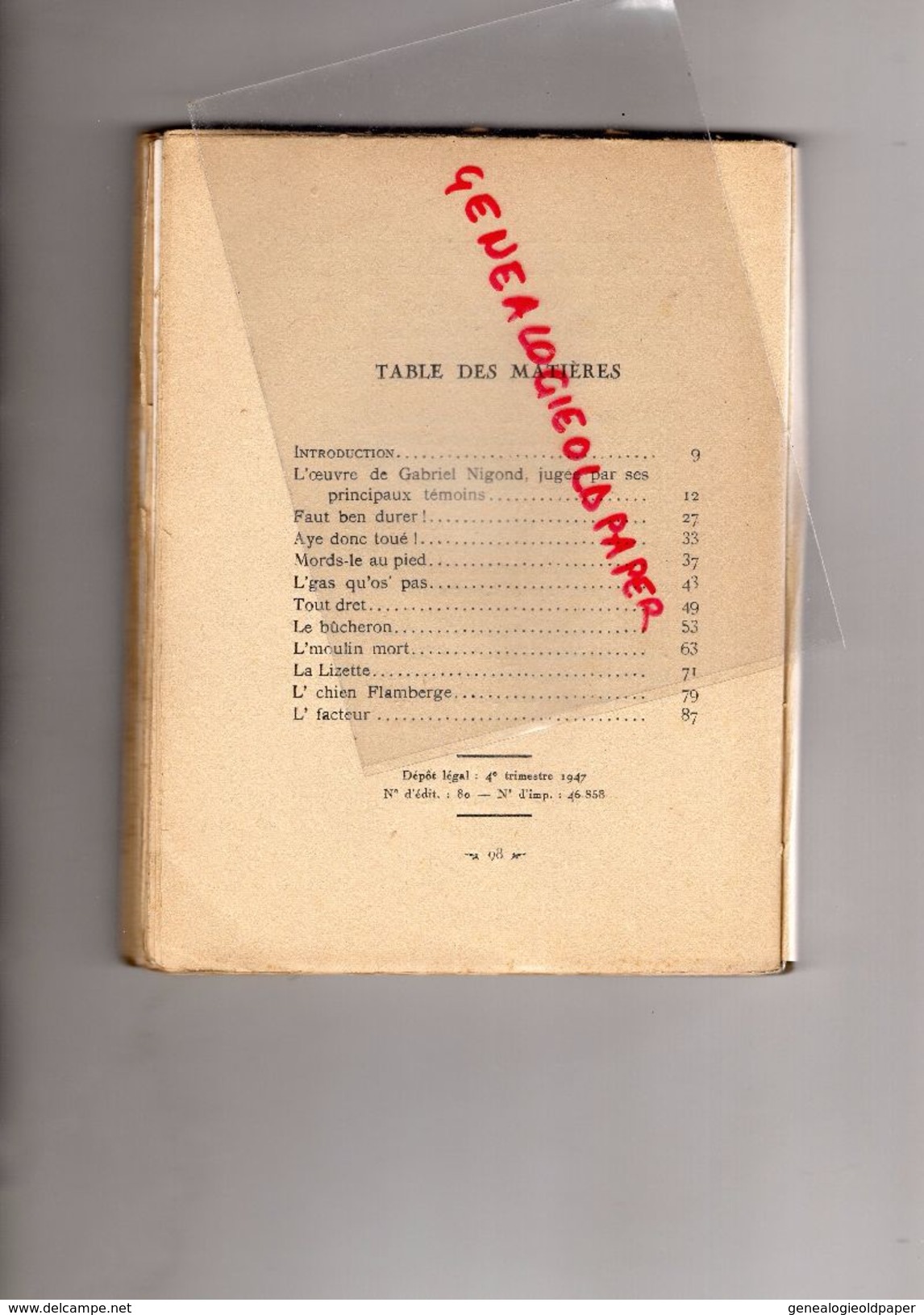 87-23-19- CHOIX DE CONTES DE LA LIMOUSINE-GABRIEL NIGOND-TABLEAUX MAITRE PAUL RUE- CREPIN LEBLOND MOULINS 1948 - Limousin