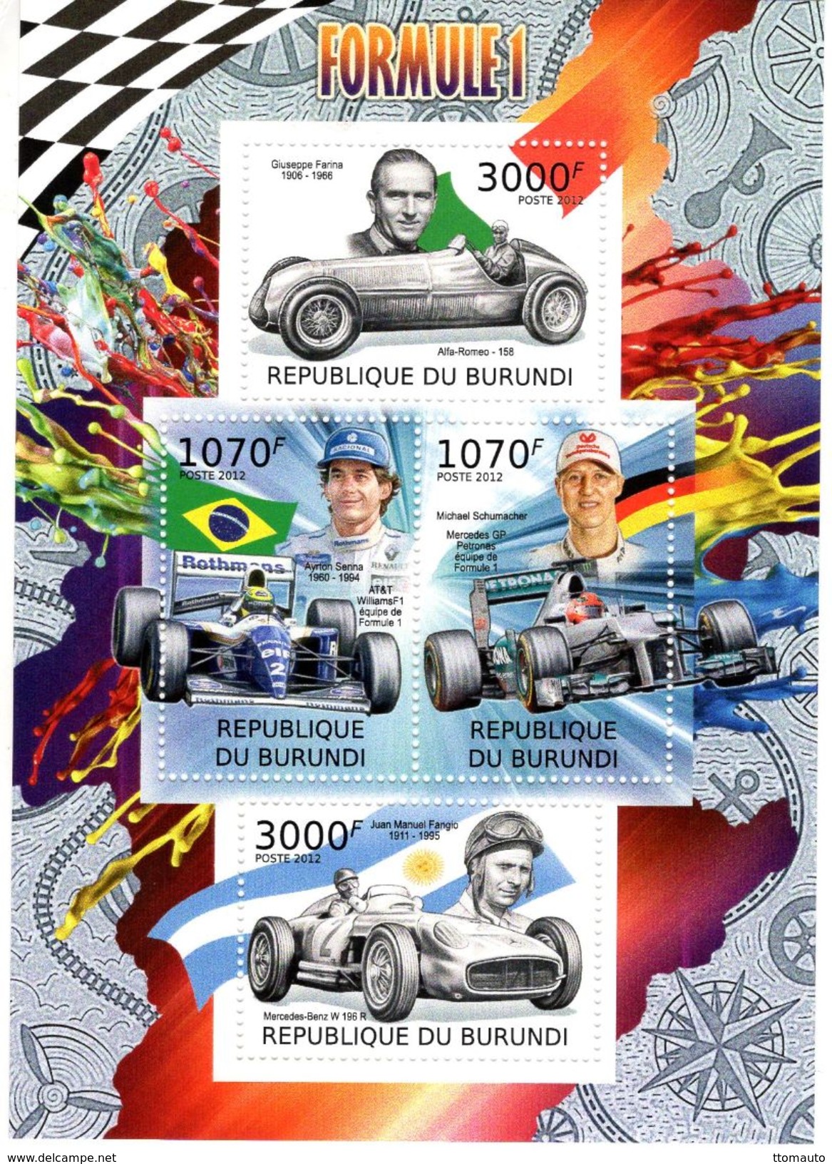 Burundi  -  Formule 1  -  Ayrton Senna-Michael Schumacher-Juan-Manuel Fangio-Giuseppe Farina  -  4v MS Neuf/mint - Cars