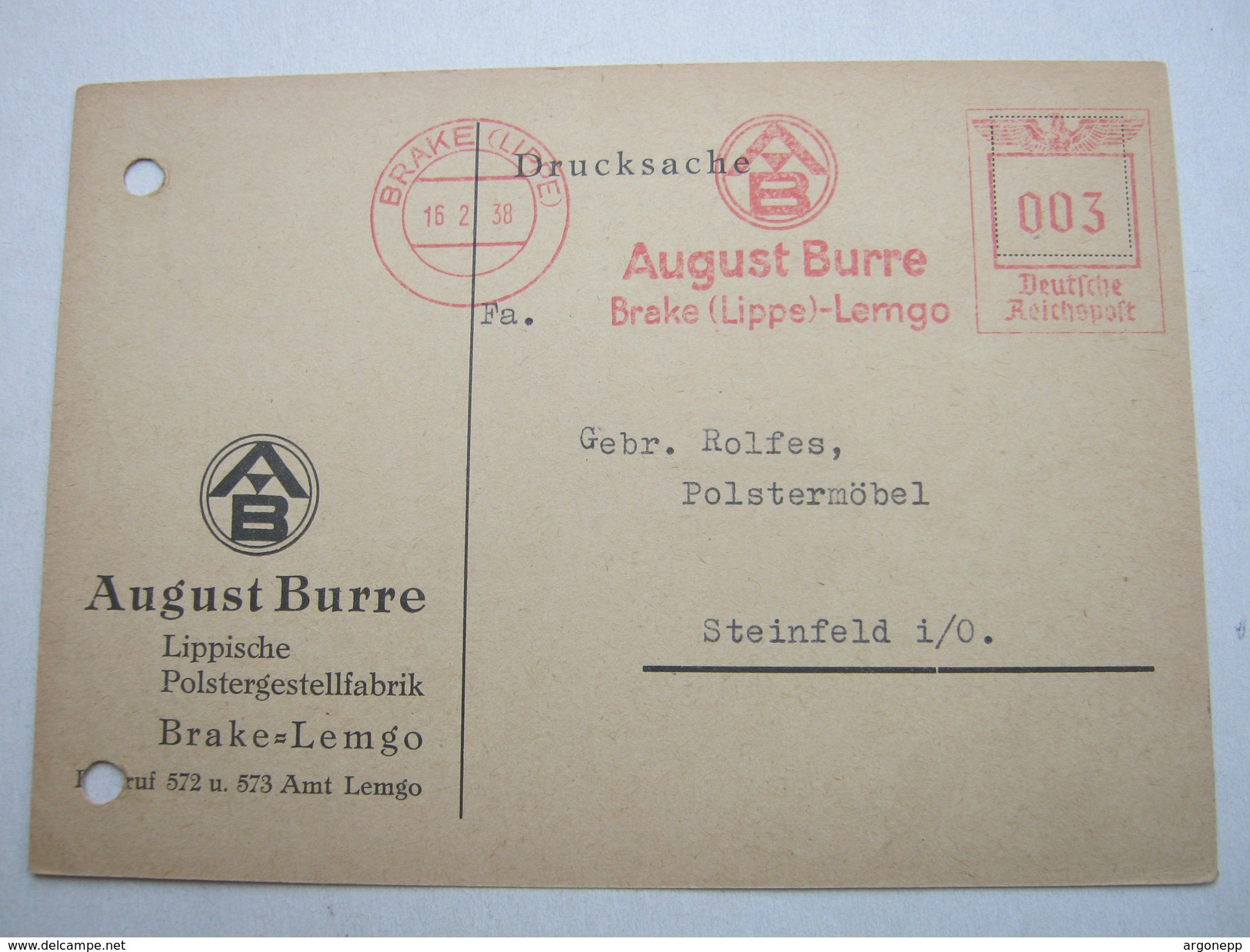 Freistempel Auf Karte Aus BRAKE  1938 - Briefe U. Dokumente
