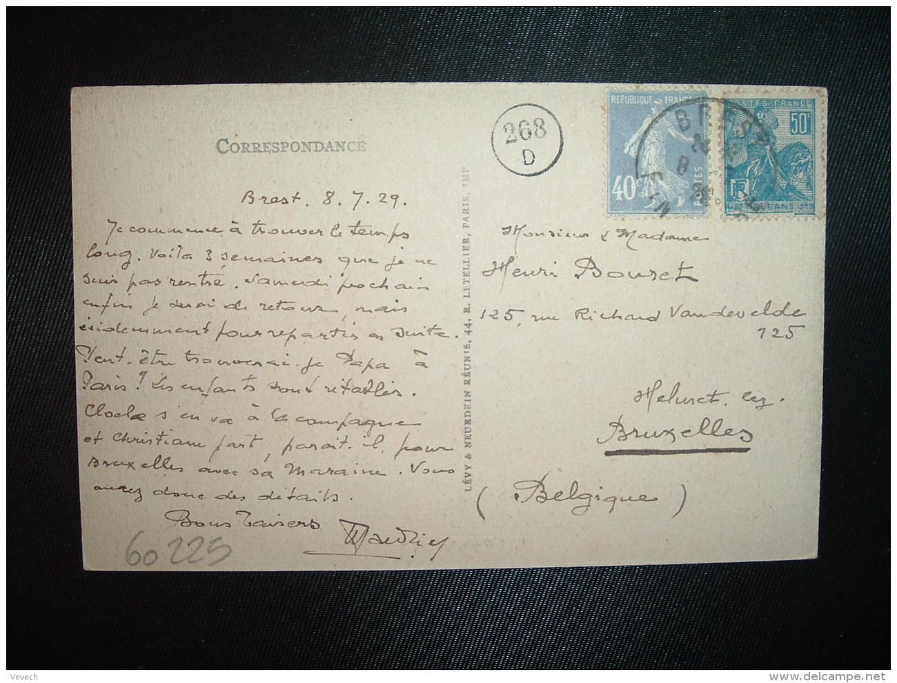 CP Pour La BELGIQUE TP JEANNE D'ARC 50c + SEMEUSE 40c OBL.8-7-29 BREST FINISTERE (29) - Postal Rates