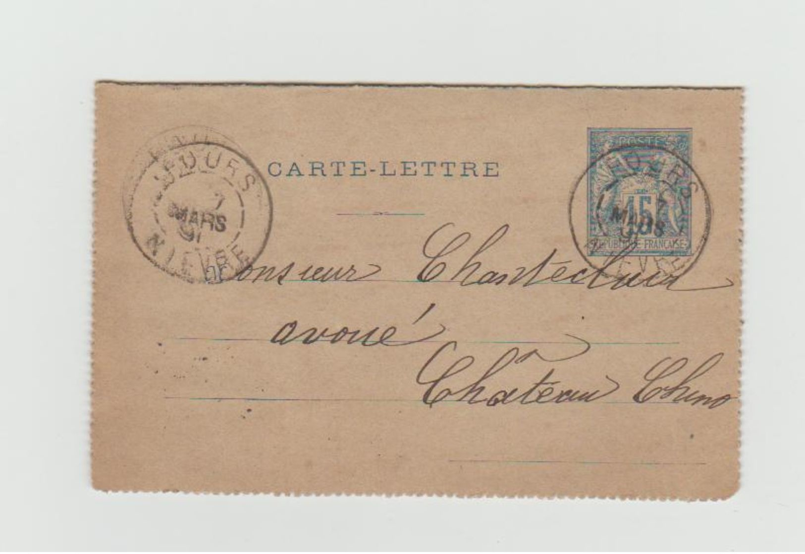 Carte Lettre 1891 - Cachets TOURS - NEVERS GARE - CHATEAU CHINON (Nièvre) -  Avec Type Sage 15c - Cartoline-lettere