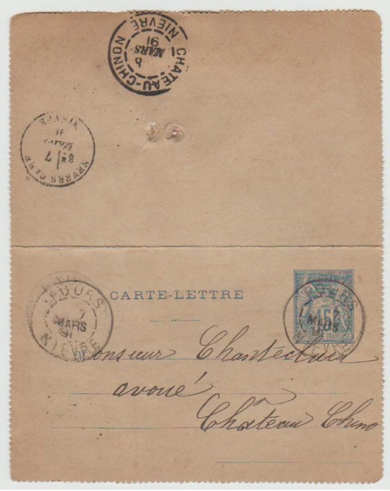 Carte Lettre 1891 - Cachets TOURS - NEVERS GARE - CHATEAU CHINON (Nièvre) -  Avec Type Sage 15c - Cartoline-lettere