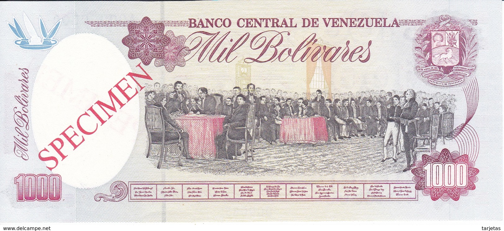 ESPECIMEN -BILLETE DE VENEZUELA DE 1000 BOLIVARES DEL AÑO 1992 SIN CIRCULAR-UNCIRCULATED (SPECIMEN) (BANKNOTE) MUY RARO - Venezuela