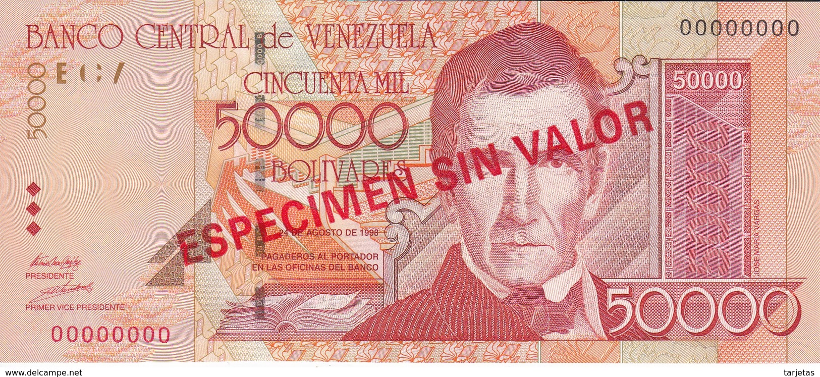 ESPECIMEN -BILLETE DE VENEZUELA DE 50000 BOLIVARES DEL AÑO 1998 SIN CIRCULAR-UNCIRCULATED (SPECIMEN) (BANKNOTE) MUY RARO - Venezuela