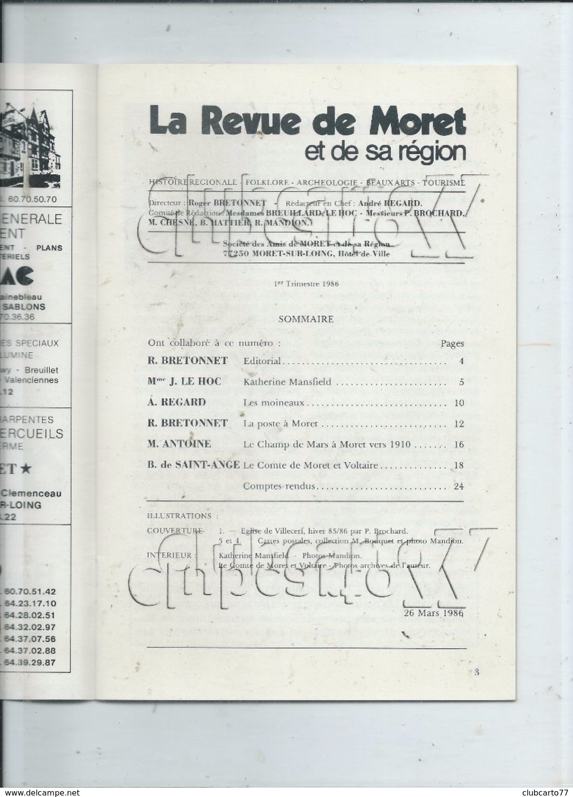 Moret-sur-Loing (77) : La Revue De Moret  1er Trimestre 1986 Dont Article Sur La Poste - Histoire