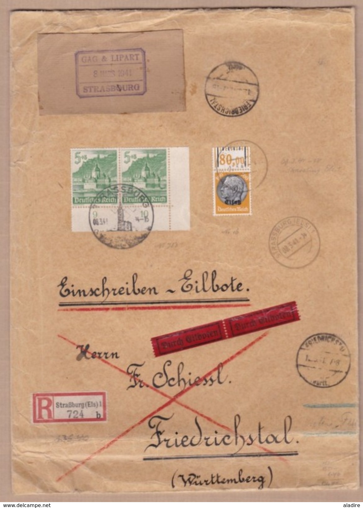 1941 - Enveloppe  Grand Format 19X26,5 Cm Recommandée De Strasbourg, Alsace Occupée Vers Friedrichstal, Allemagne - Autres & Non Classés