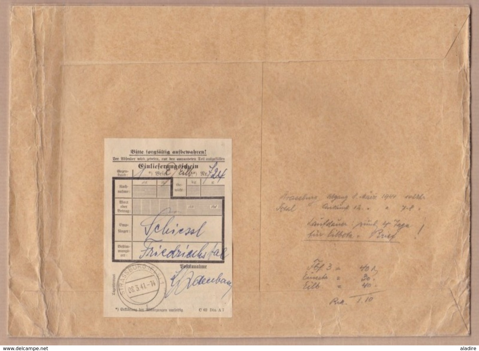 1941 - Enveloppe  Grand Format 19X26,5 Cm Recommandée De Strasbourg, Alsace Occupée Vers Friedrichstal, Allemagne - Autres & Non Classés