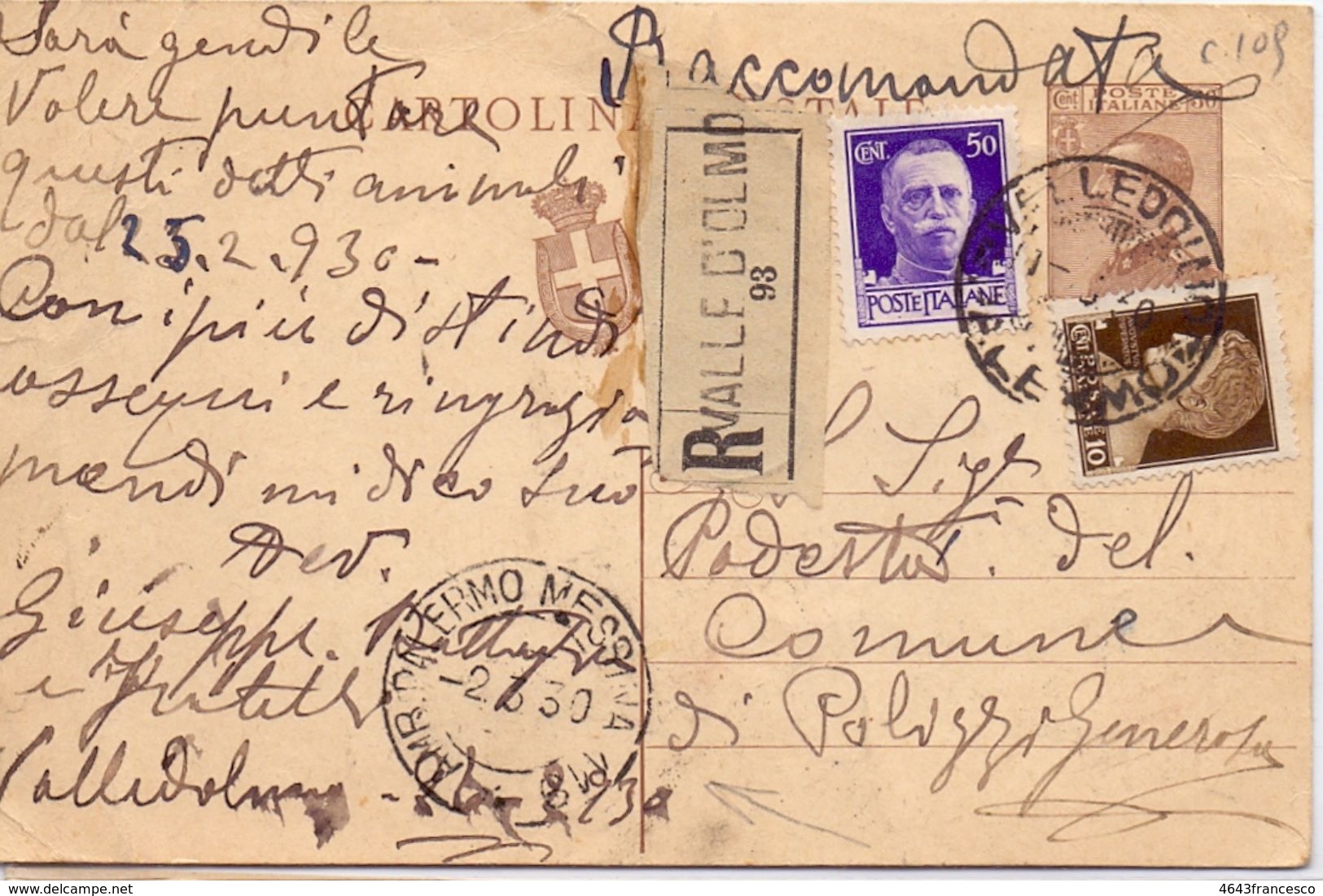 1930 Intero Postale 30c In Raccomandata Da Valledolmo Per Polizzi Generosa (PA)  018 - Storia Postale