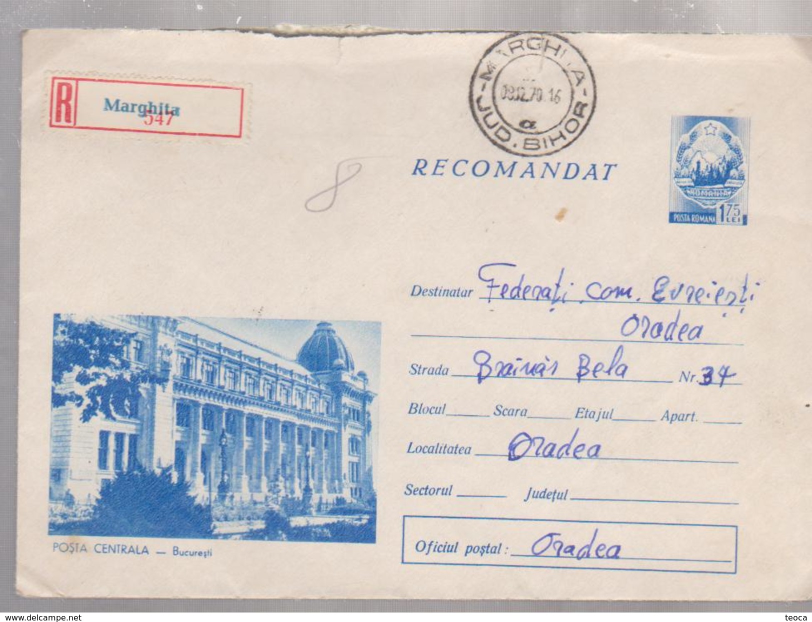 COVER STATIONERY ROUMANIE .1970 POST OFFICE CENTRAL BUCURESTI  Cancel MARGHITA COUNTY BIHOR - Cartas & Documentos