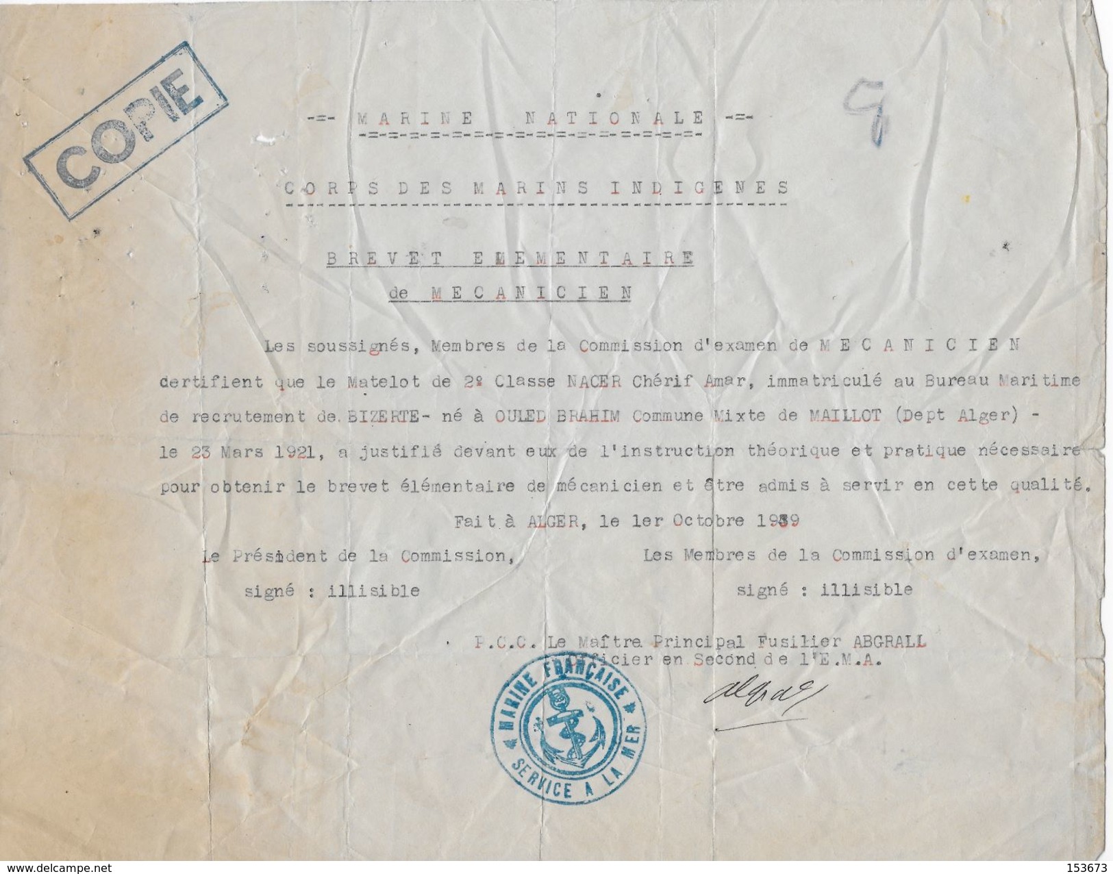 Marine Nationale - Corps Marins Indigènes -brevet élémentaire Mécanicien (copie)  Algérie 1939 - Documents