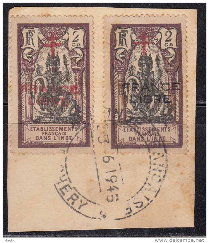 Varitety 'Black And Red' Overprint On 2ca On Piece 1945 Overprint FRENCH LIBRE And Cross French India - Lettres & Documents