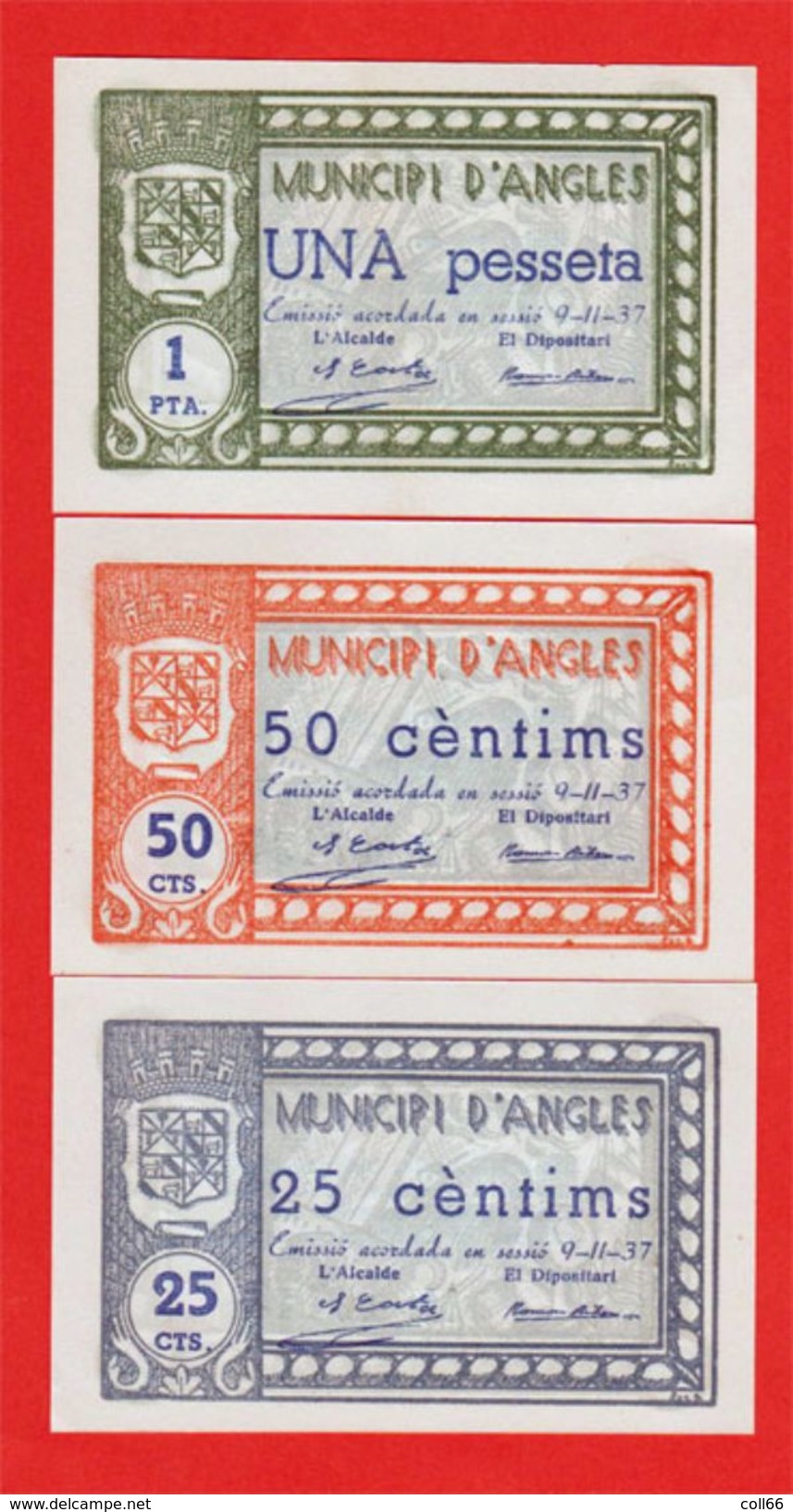 RARE RARO 3 Billets De Nécessité # 1937 Municipi D'Anglès Catalunya Espagne état Neuf - Collections