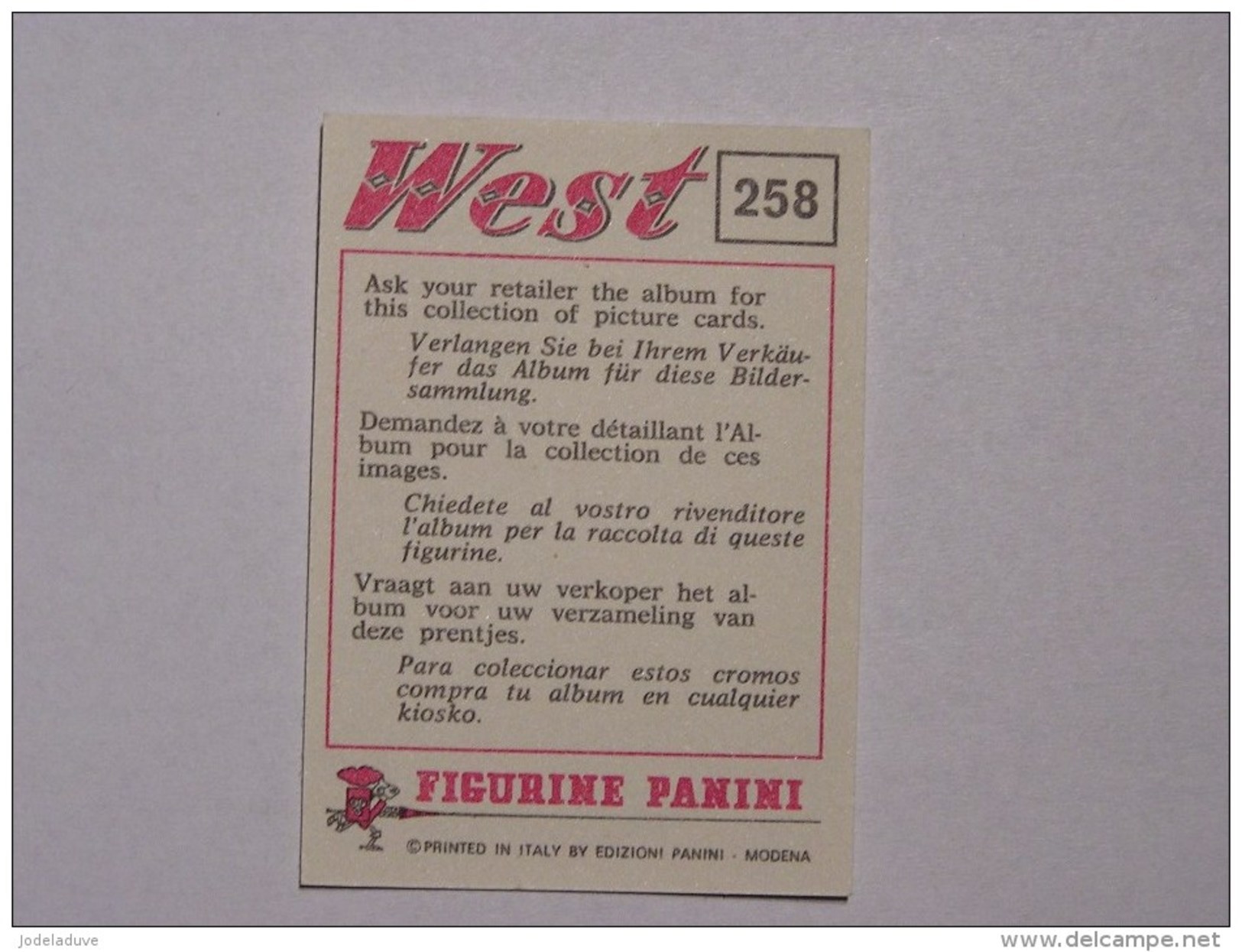 PANINI WEST   1976    Original Figurine N° 258     Vignette Autocollante Pink Back Dos Rose Très Bon Etat Stickers - Franse Uitgave