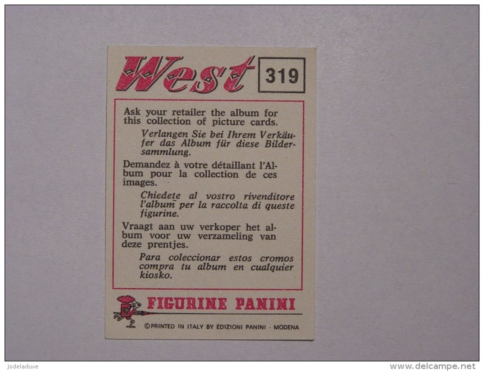 PANINI WEST   1976    Original Figurine N° 319     Vignette Autocollante Pink Back Dos Rose Très Bon Etat Stickers - Französische Ausgabe