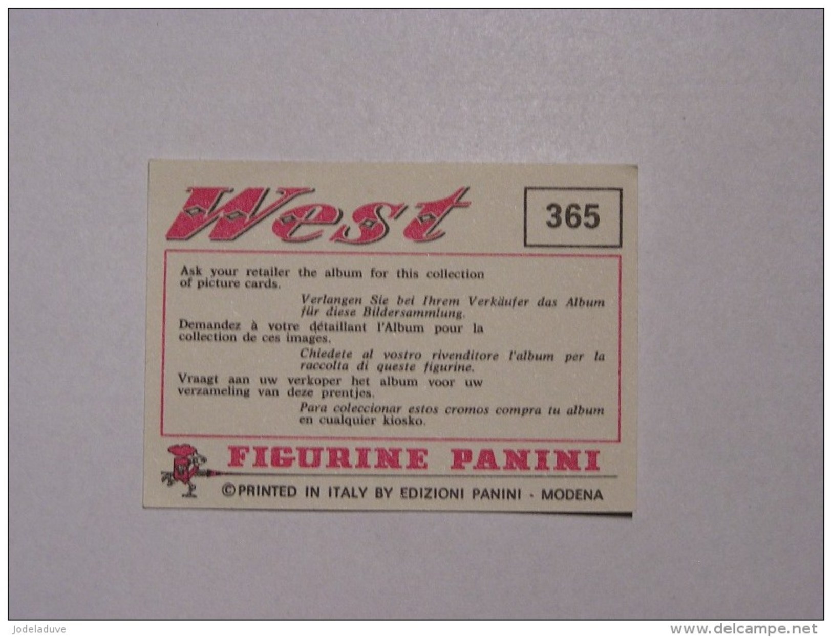 PANINI WEST   1976    Original Figurine N° 365     Vignette Autocollante Pink Back Dos Rose Très Bon Etat Stickers - French Edition