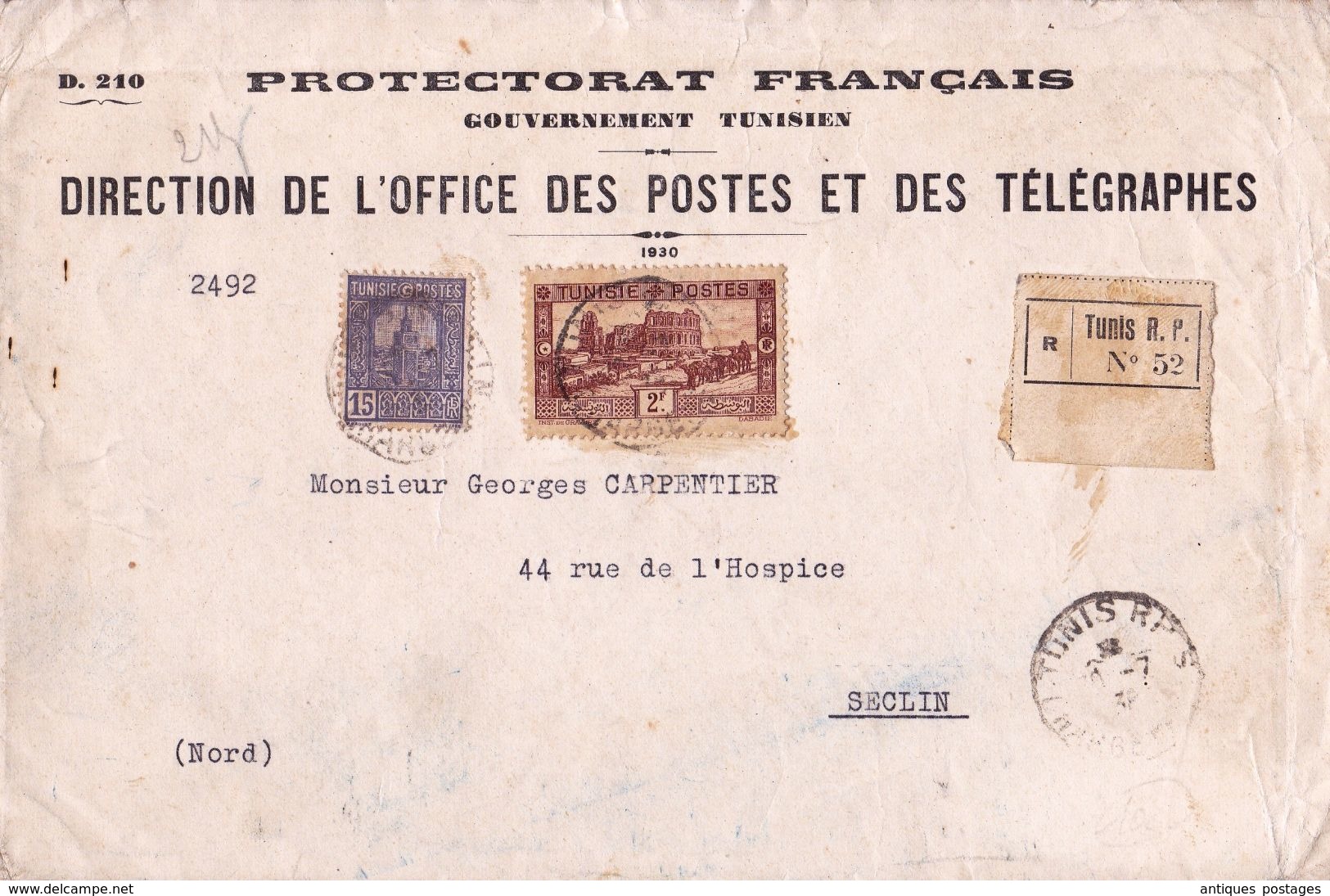 Tunis Tunisie Protectorat Français Lettre Recommandée 1936 Direction Des Postes Et Des Télégraphes Seclin - Sonstige & Ohne Zuordnung