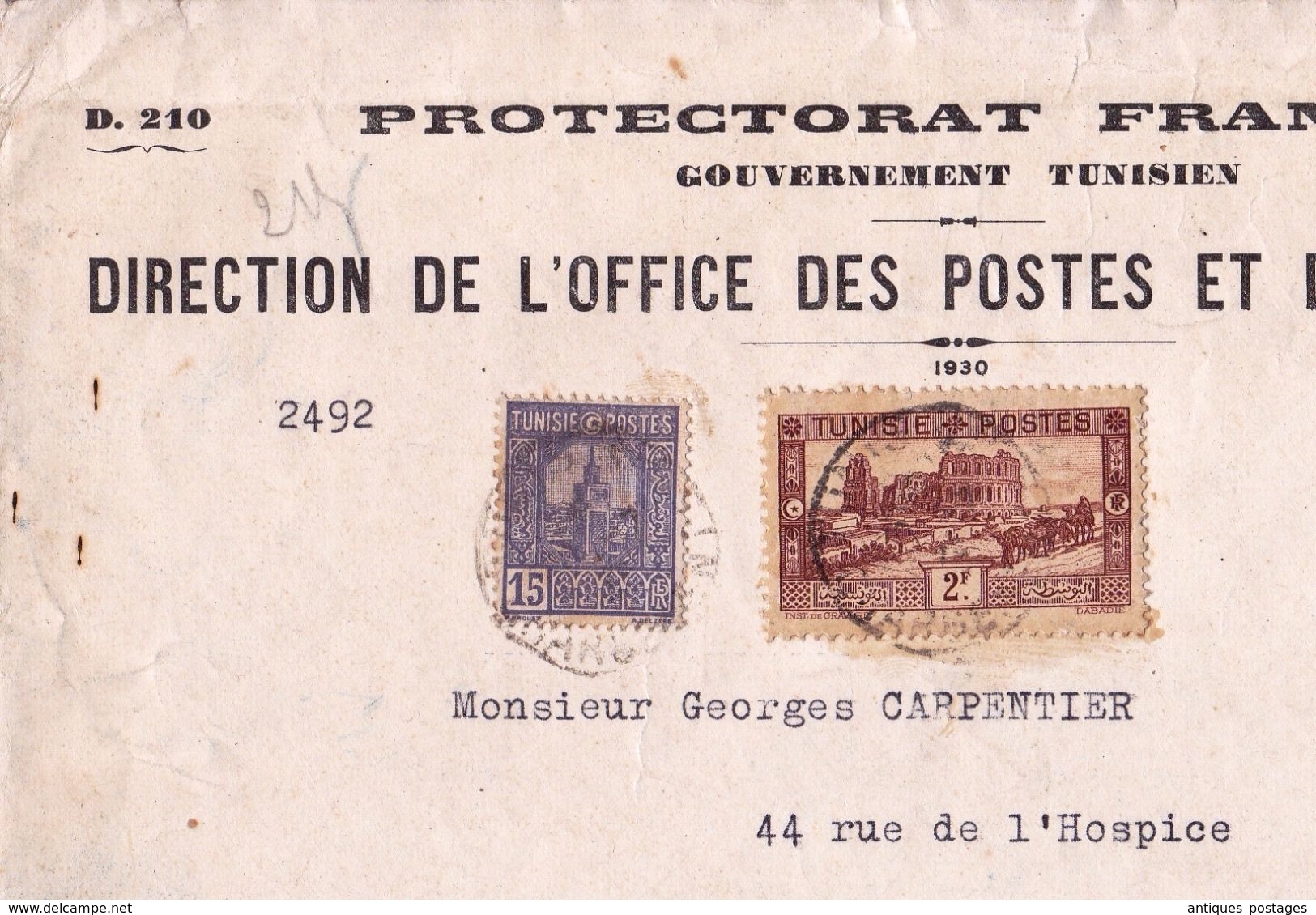 Tunis Tunisie Protectorat Français Lettre Recommandée 1936 Direction Des Postes Et Des Télégraphes Seclin - Autres & Non Classés