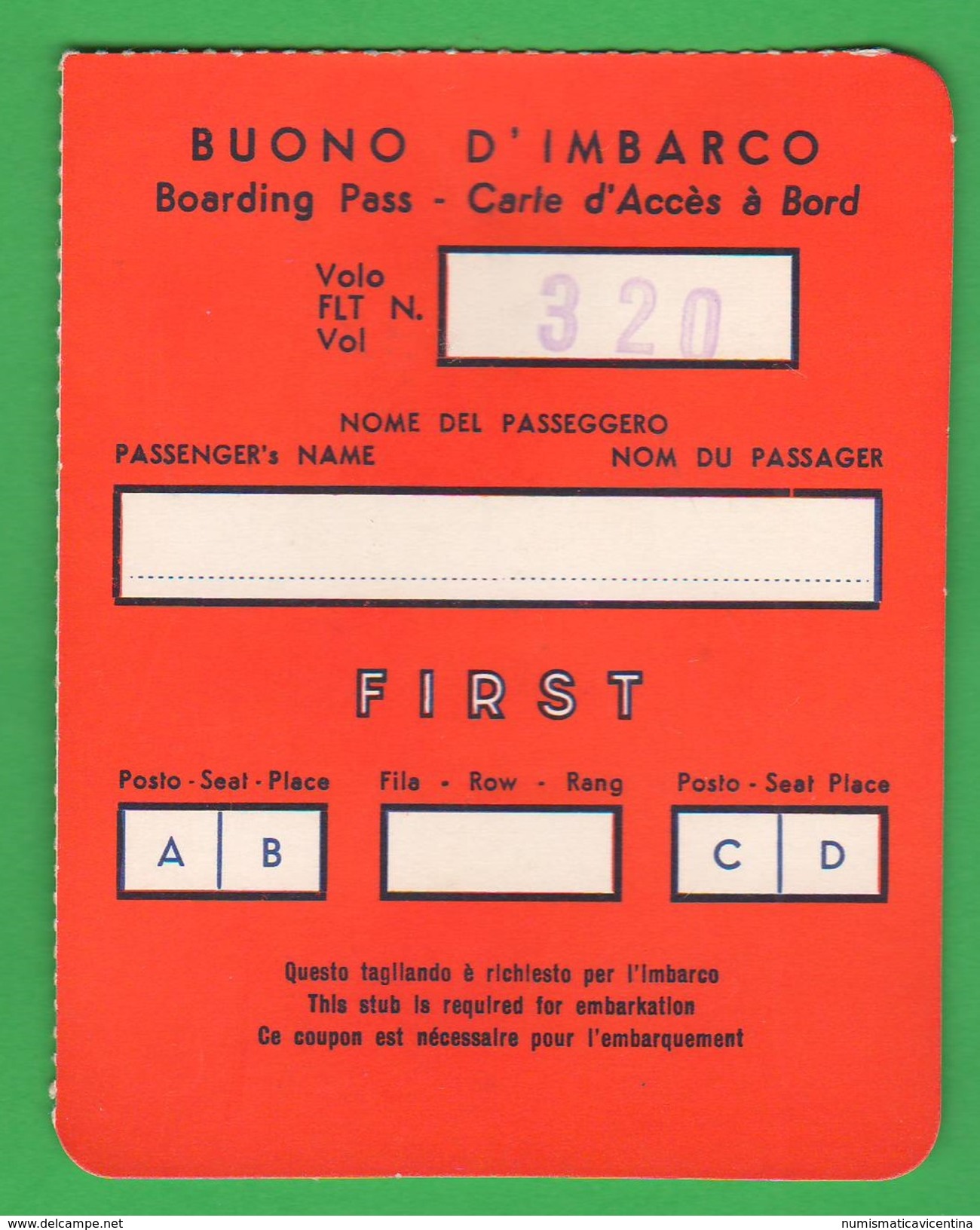 Alitalia Avion Flight Buono D'imbarco Fine Anni 60 - Altri & Non Classificati