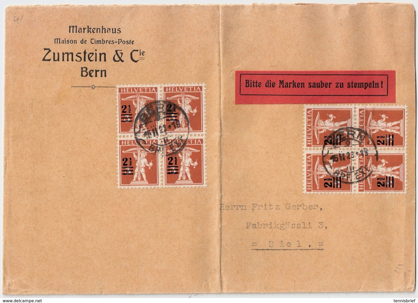 1923, Seltener Rasierklingen-Stp. " BERN " , 2 Mal 4 Er Block !#8482 - Poststempel