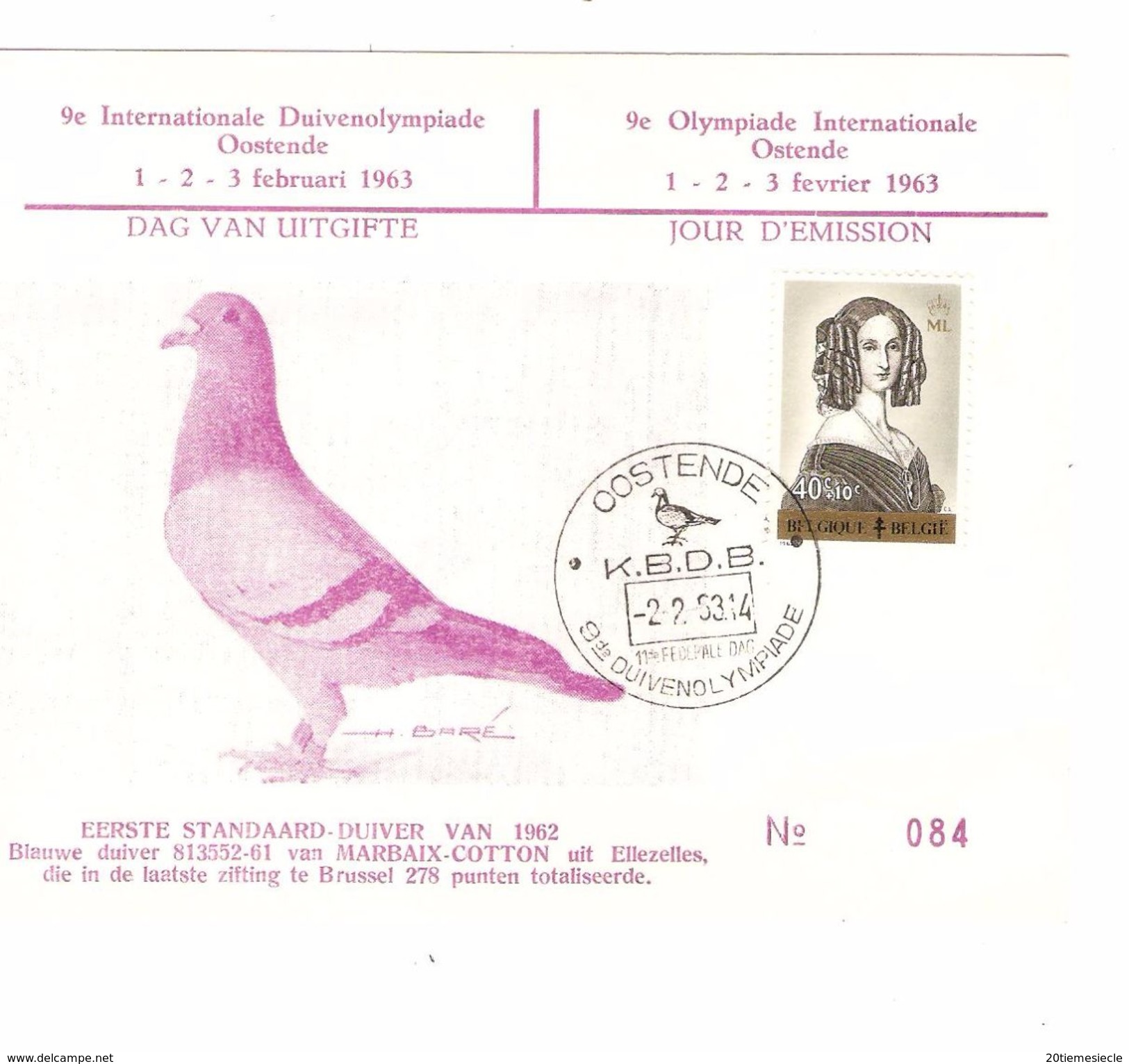 TP 1234 Reine LM S/CP 9e Olympiade Inter.Ostende C.Oostende 2/2/63 Duivenolympiade Colombophilie(Pigeon) AP1141 - Lettres & Documents