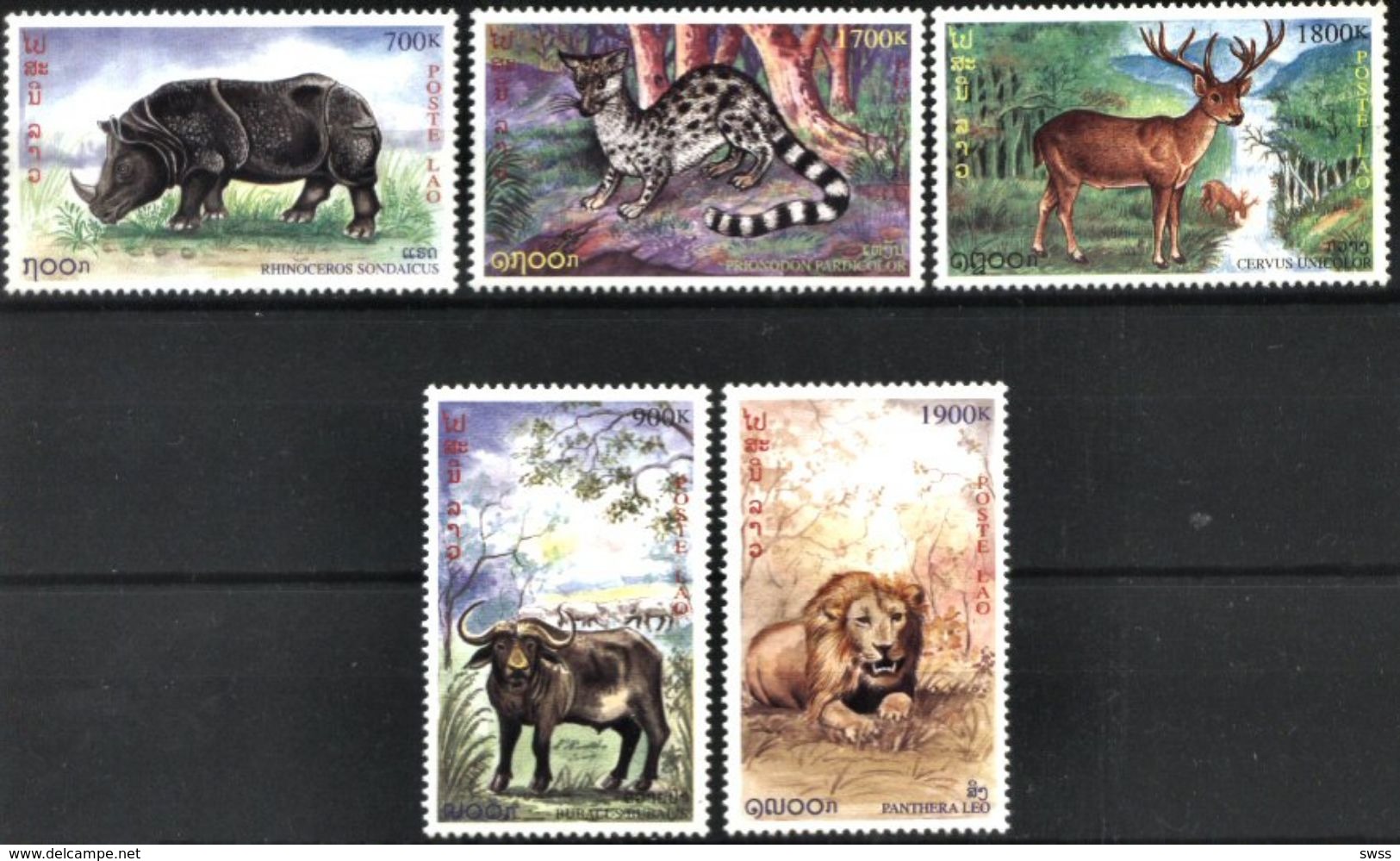 LAOS, 1999, FAUNA, WILD ANIMALS, RHINOCEROS, LIONS, BUFALLO, GAME, YV#1356-60, MNH - Félins